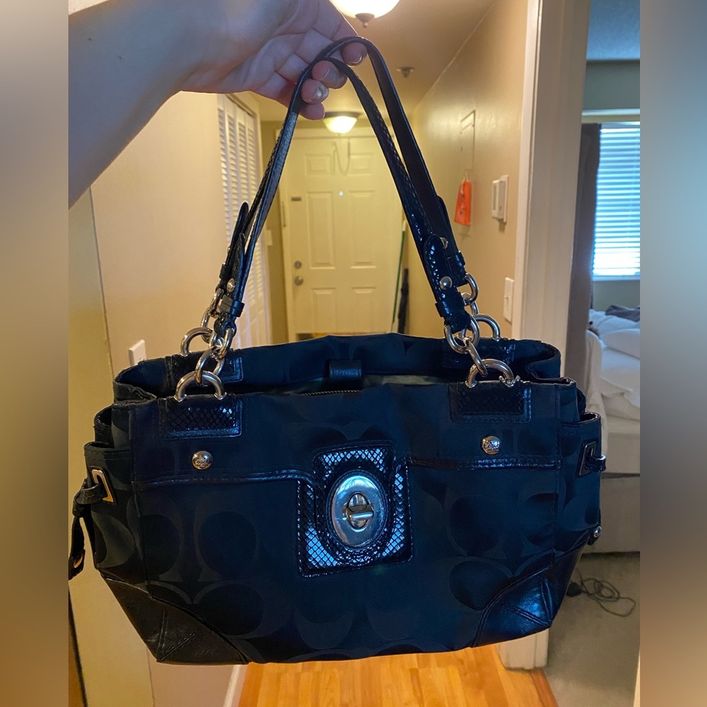 Coach Black Shoulder Bag with Silver Metal & Shimmery Snakeskin Accents